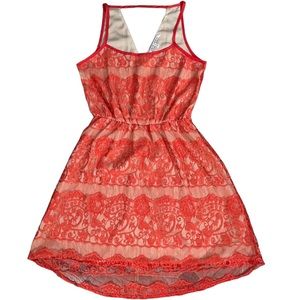 Collective Concepts Sz small coral lace sleeveless dress tan slip cinched waist